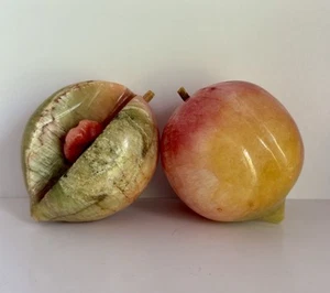 Vintage Italien MCM Set 2 Alabaster Stein Pfirsiche Stiele & Grube realistisches Obst Dekor - Bild 1 von 16