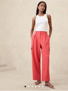 Neu mit Etikett Banana Damen HIGH-RISE GERADE TWILL CARGOHOSE Größe 16 korallenblüten - Bild 1 von 6