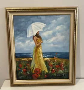 Woman Holding Umbrella By The Ocean - Oil Painting On Canvas By F. ANTHONY - Picture 1 of 11