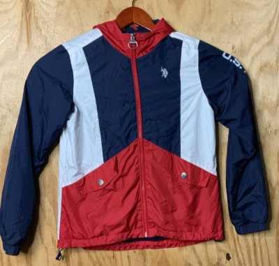 Chaqueta cortavientos US Polo Assn para hombre S cremallera completa rojo azul blanco con capucha Foto 1 de 4