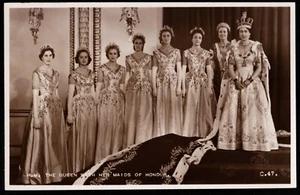 H.M. The Queen With Her Maids Of Honour Real Photo RPPC - Picture 1 of 2