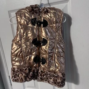 Little Lass girls 4 puffer vest hooded blush champagne color animal print trim - Picture 1 of 4
