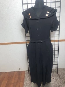 Women Vintage 1940's Black Handmade Button front S/S Black A-Line Dress Size 8 - Picture 1 of 11