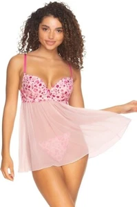 Jezebel by Felina Besamé Printed Lace & Mesh Babydoll with G-String Pink Size XL - Picture 1 of 5