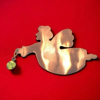 Broche prendedor de ángel de la guarda de cobre brillante vintage ¡cristal verde! Foto 1 de 4