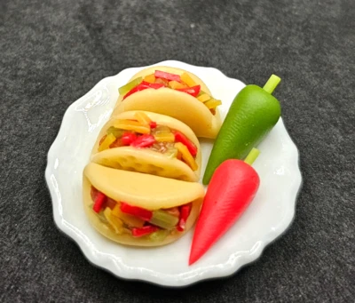 Dollhouse Miniature 3 TACOS & 2 PEPPERS Porcelain Plate Groceries Food Prop 1:12 - Image 1 of 3