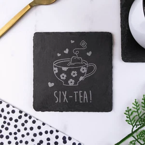 Engraved Square Slate Coaster SIX-TEA Design 60th Birthday Gift Mum, Auntie - Picture 1 of 22