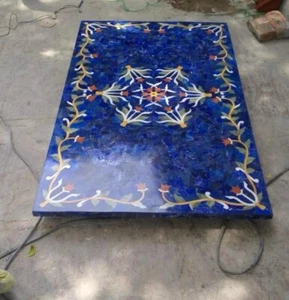 Lapis Lazuli Inlay Tabletop – Rectangular Floral Gemstone Dining Accent - Picture 1 of 11