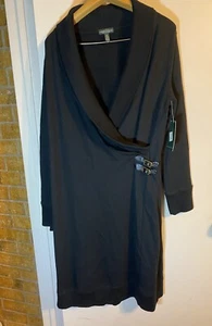 Ralph Lauren 1x Black French Terry Faux Wrap Buckle Detail Sweater Dress - Picture 1 of 7