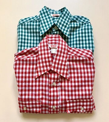 LOTE 2 Camisas Occidentales De Colección Levis Años 70 Rojo Verde Cuadros Guinga Botón Perla Talla S Foto 1 de 4