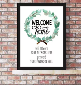 PERSONALISED WIFI PASSWORD HOME WALL ART PRINT. QUALITY WATERCOLOUR WREATH STYLE - Picture 1 of 15