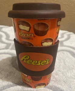 Reese's Peanut Butter Cup ceramic travel coffee mug silicone lid & grip Galerie - Picture 1 of 9