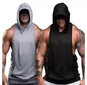Men's Workout Hooded Grey Gym Sleeveless Tank Tops Stringer Hoodie Vest Stringer - Picture 1 of 8