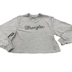 Women's Wrangler Logo Size Medium Long Sleeve Crew Neck Cropped T-Shirt Grey - Picture 1 of 7