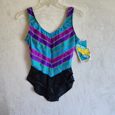 Traje de baño vintage años 90 Sunbird pulgadas 12 rayas azules y moradas adelgazantes hecho en EE. UU. Foto 1 de 4