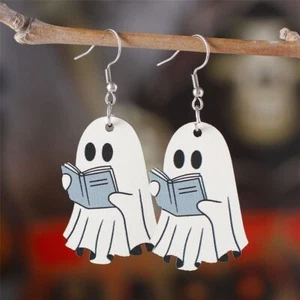 Gothic Book Ghost Earrings Woo-den Fun Eardrops for Women - Picture 1 of 8