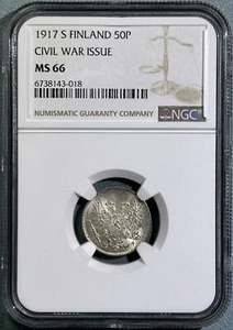 Finland 1917-S 50 Pennia Civil War Silver Coin ChBU 1 Year no Crown NGC MS66 - Picture 1 of 2