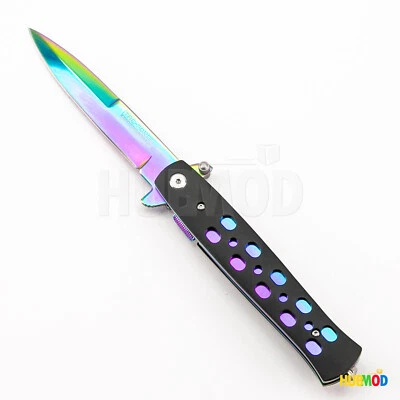 9" TAC-FORCE Rainbow Black Pocket Knife Milano Stiletto Tactical Spring Assisted - Image 1 of 4