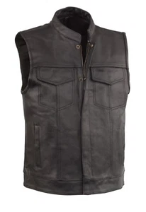 Event Leather ELM3910 Men's SOA Black Leather Snap/Zip Front Biker Club Vest - Picture 1 of 3