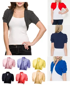 NEW Short Sleeve Cotton Bolero Shrug Solid Cropped Top Open Front Blouse - Picture 1 of 18