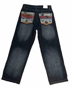 EXA Unlimited Y2K Jeans Denim Baggy Embroidered Hip Hop Skater Mens 34x34 030 - Picture 1 of 7