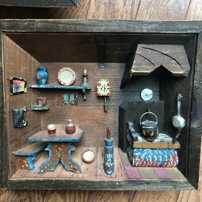 Vintage European Hand Made 3 D Wood Diorama / Shadow Box of Kitchen/Hearth Nice! - Image 1 of 4