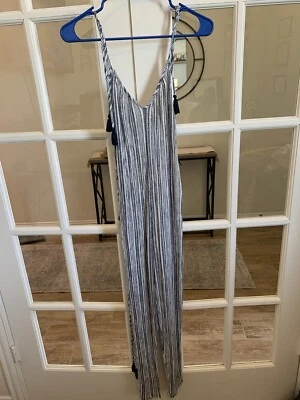 Derek Heart Boho Blue Stripe Sleeveless Jumpsuit Romper Back Keyhole Womens M - Image 1 of 2