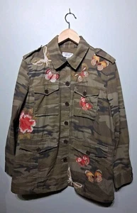 Johnny Was Workshop Green Camo Cotton Embroidered Military Jacket Size S - Picture 1 of 9