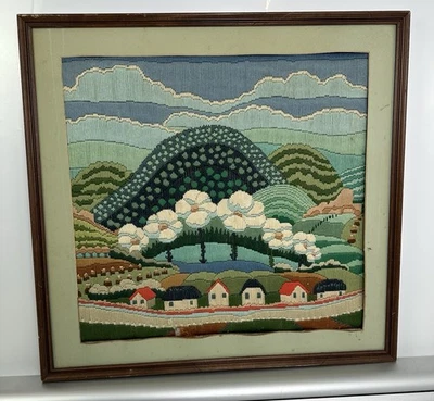 Vintage Handcrafted Needlepoint Landscape – Framed Folk Art - Image 1 of 4
