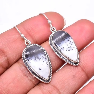 Merlinite Dendritic Opal 925 Sterling Silver Earring 1.56" E19, Christmas Gift - Image 1 of 4