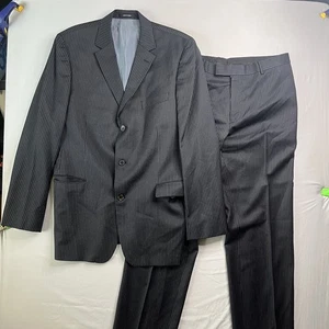 Hugo Boss Suit Mens 44L Black White Blue Pinstripe 3 Button Super 100s Wool 2 PC - Picture 1 of 20