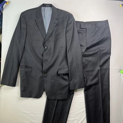Hugo Boss Suit Mens 44L Black White Blue Pinstripe 3 Button Super 100s Wool 2 PC - Image 1 of 4
