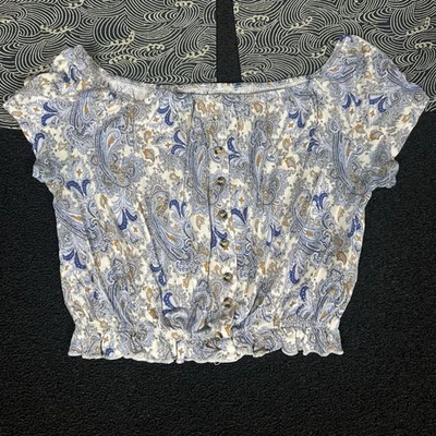 H&M Paisley Blouse womens medium Blue M Top button band stretch blouse Foto 1 de 4