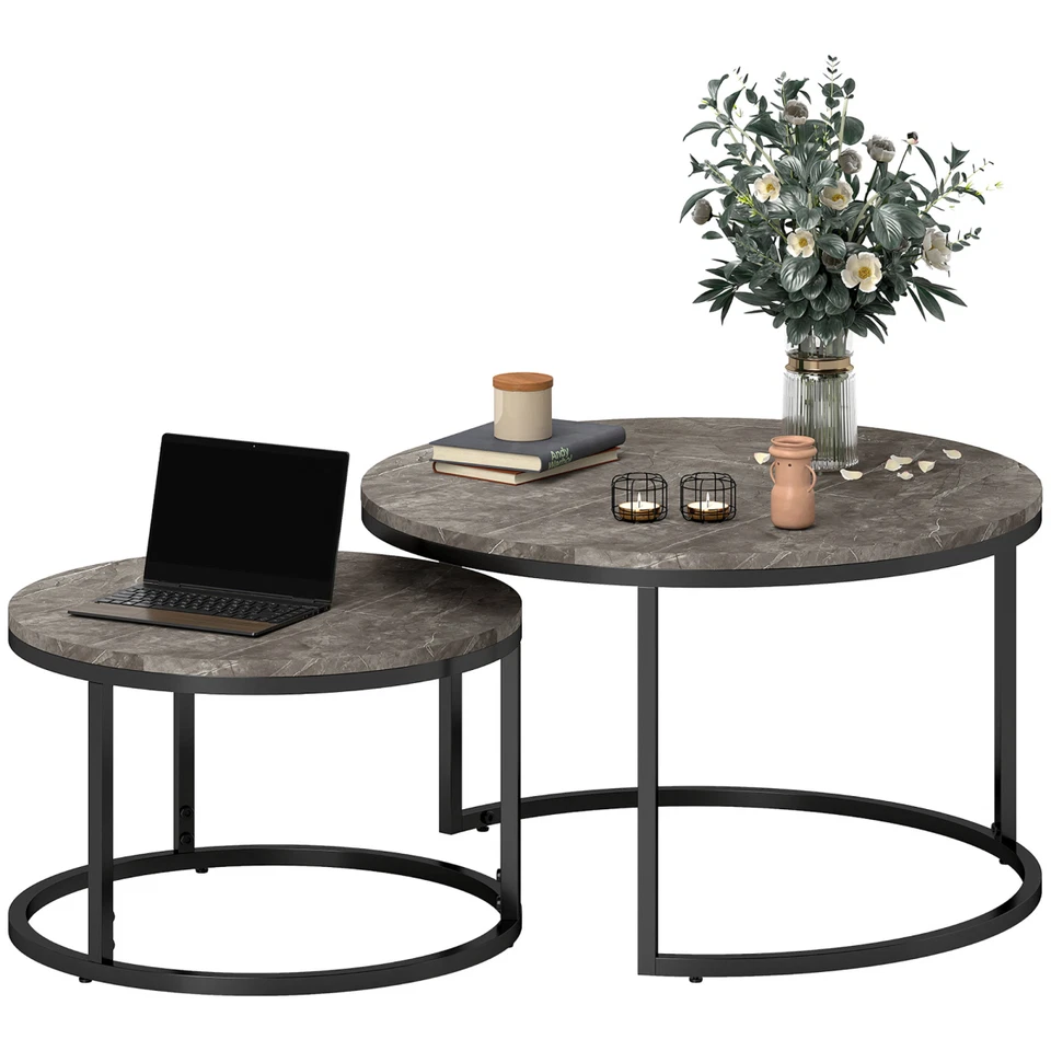 HOMCOM 2 Pcs Stacking Coffee Table Set Steel Frame Cement-Effect Top Foot Pads