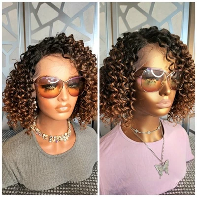 Peluca Ombre castaño rojizo peluca corta rizada mezcla cabello humano parte libre 13x4 encaje rojo peluca Foto 1 de 4