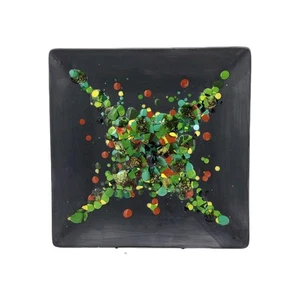 Splatter Mosaic Art Glass Square Plate 8x8 Black Multicolored Candy Serving Dish - Picture 1 of 12