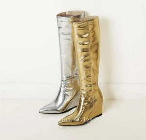 Women's Pointed Toe Wedge Heel Knee Boot High Heel Dineer Party Shoe Gold Silver - Picture 1 of 22