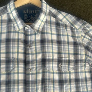Kuhl Shirt Mens Large Blue Eluxur Short Sleeve Button Plaid Western Hiking - Picture 1 of 10