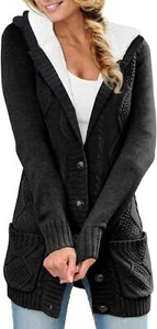 Sidefeel Women's Cardigan Sweaters Hooded Fleece Lined Button Down Front Jackets - Picture 1 of 34