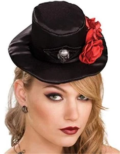 Mini Top Hat Ladies Blk Satin Over Foam Gothic Rose & Skull Design Halloween Hat - Picture 1 of 1