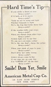 AMERICAN METAL CAP CO. NYC-ADVERTISING CARD-POEM-HARD TIME’S TIP-SMILE! DAM YER - Picture 1 of 2