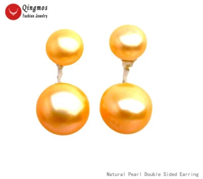 Pendientes planos redondos de doble cara de perlas anaranjadas naturales de 8-11 mm para mujer Foto 1 de 4