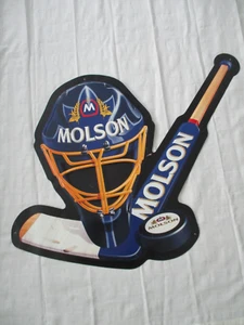 Large Metal Molson Beer Sign Tin Tacker Hockey Stick Puck & Helmet Goalie - Picture 1 of 10