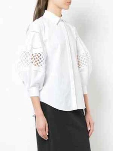 CAROLINA HERRERA $1500 White Cotton Crochet Inset Puff Long Sleeve Top Blouse 10 - Picture 1 of 4