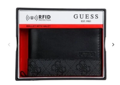 NEW W BOX MEN'S BLACK LEATHER GUESS WALLET FLIP VALET ID BIFOLD PHOTO RFID LOGO - Image 1 of 3