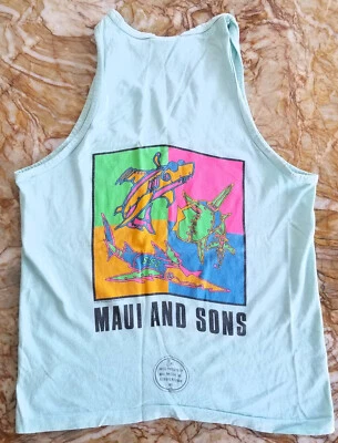 Vintage 90's MAUI And SONS 3 Sharks "neon colors" Tank Top ~ Sz M USAmade  Blue - Image 1 of 4