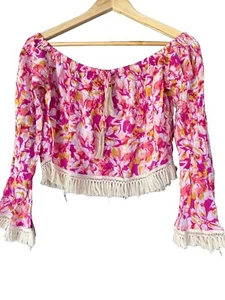 Gypsy Mermaid Sz M Lightweight Hawaiian Print Off Shoulder Crop Top With Fringe - Picture 1 of 13