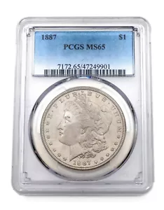 Dollaro Morgan argento 1887 $1 classificato da PCGS come MS-65! Bel colore bianco - Foto 1 di 4