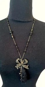 HEIDI DAUS for Jim Walters Gold Tone Bow Design Black Tassel Brooch Necklace - Picture 1 of 11