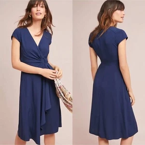 Maeve Anthropologie Rayna Navy Blue Wrap Dress Midi V Neck Party Size 14 - Picture 1 of 6